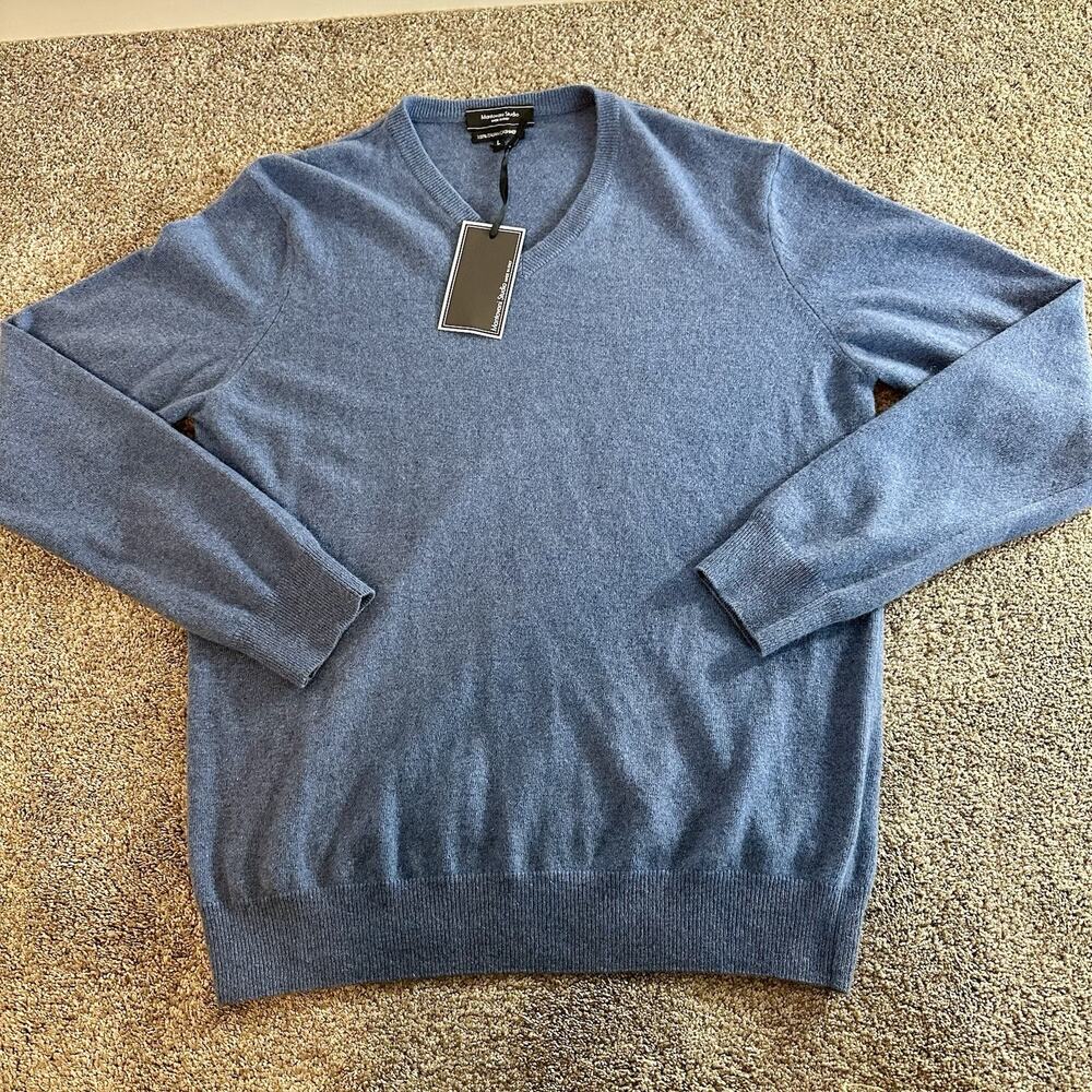 Mantovani Studio 100% Italian Cashmere V-neck Sweater Men’s Sz L Blue New NWT